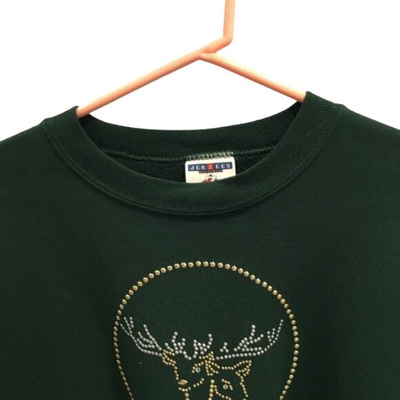 Jerzees Christmas Reindeer Sweatshirt Long Sleeve Pullover Crew Neck Green Large - Picture 3 of 5